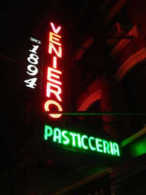 Veniero's Pasticceria & Cafe, East 11th Street, and 1st Ave, East Village, New York, signs, shops and graffiti, Manhattan, New York, USA