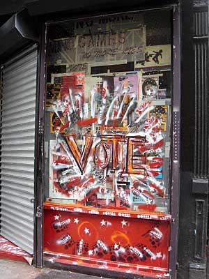 Vote! Lower East Side painted doorway, New York, signs, shops and graffiti, Manhattan, New York, USA