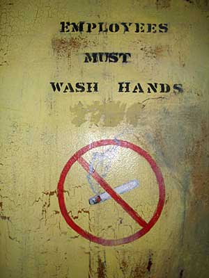 Employees Must Wash  Hands, stencil sign, Pink Pony, Ludlow Street, Lower East Side, New York, signs, shops and graffiti, Manhattan, New York, USA