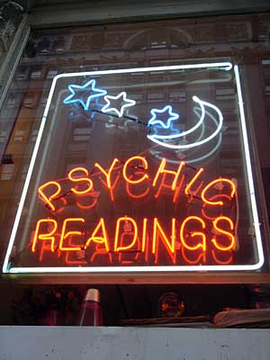 Psychic readings neon sign, East Village, Manhattan, NYC, USA