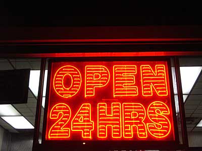 Open 24 hours, neon sign, SoHo, Manhattan, NYC, USA