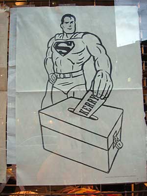 Superman votes for Kerry, poster in shop window, Manhattan NYC, USA