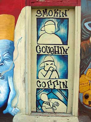 Smokin', Coughin', Coffin. Anti smoking painting in Williamsburg, New York City, NYC, USA