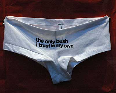 The only Bush I trust is my own, pants in shopwindow, SoHo, Manhattan, New York City, NYC, USA