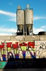 Silos and graffiti, Brooklyn, New York, USA