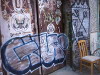 Graffiti shield and chair, New York, USA