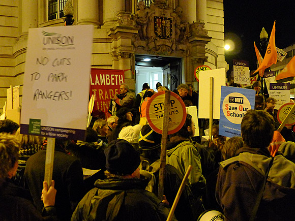 Brixton Fight the Cuts protest outside Lambeth Town Hall, Monday 7th Feb 2011