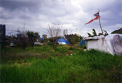 Pure Genius!, Eco Village Wandsworth by the Land Is Ours campaign;  squatted London site, York Road, SW11, May 1996