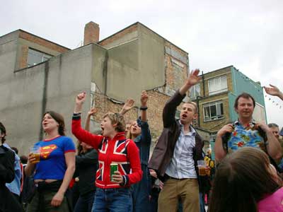 And the crowd go wild...!  Alternative Jubilee Street Party, Foundry, Old Street, 3rd June 2002