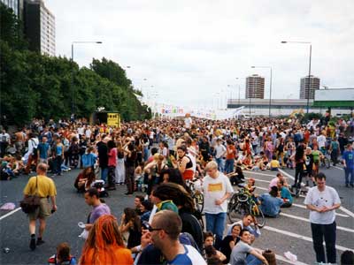 10,000 protesters, Reclaim the Streets, M41 Motorway, Shepherd's Bush, 8th June 1996