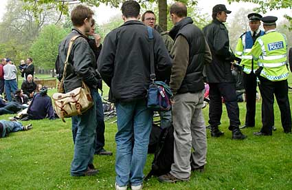 Press photographers and police, Mayday 2004, St James Park, London