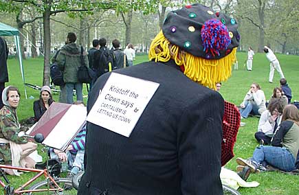 Kristoff the Clown says Capitalism is Letting Us All Down, Mayday 2004, St James Park, London