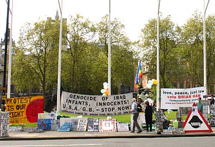 Banners outside Parliament Square, Mayday 2005, London