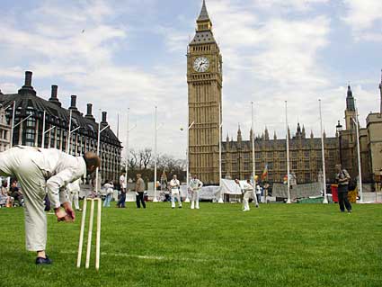 Anarchist Mayday Cricket game, Mayday 2004, Parliament Square, London