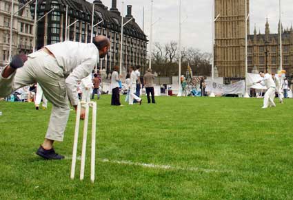 Cricket game, Mayday 2004, Parliament Square, London