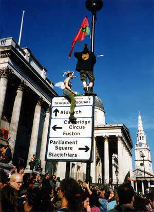 Helicopter and protesters, Trafalgar Square,  Reclaim The Streets, London 12th April 1997