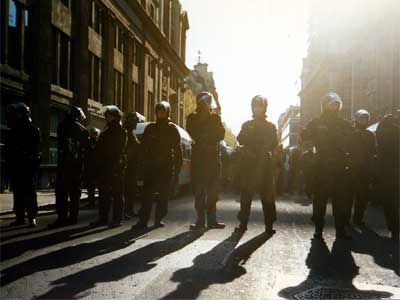 Riot police, Trafalgar Square,  Reclaim The Streets, London 12th April 1997