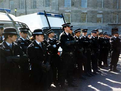 Police getting ready, Trafalgar Square,  Reclaim The Streets, London 12th April 1997