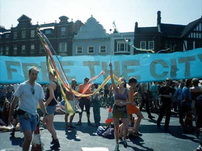 Free The City Banner, Reclaim The Streets II, 23rd July 1995 Upper Street, Islington, London