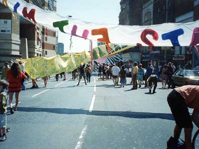 Free The City Banner, Reclaim The Streets II, 23rd July 1995 Upper Street, Islington, London