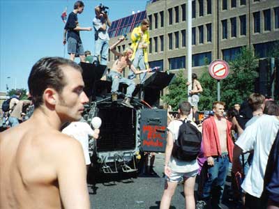 Melody FM truck, Reclaim The Streets II, 23rd July 1995 Upper Street, Islington, London
