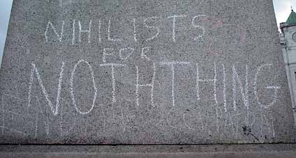 Nihilists for mis-spelling! Graffiti on the south west plinth in Trafalgar Square