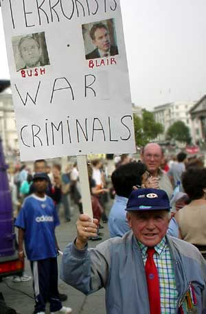 Bush and Blar - war criminals, Stop the War demo, Trafalgar Square, 13th October 2001