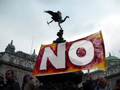 'No' banner, Piccadilly Circus, Stop the War Rally, London Feb 15th 2003