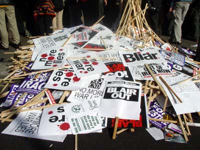 Discarded banners, Trafalgar Square, Stop the War in Iraq protest, London, Sept 27th 2003