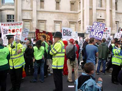Protesters and police, Trafalgar Square, Stop the War in Iraq protest, London, Sept 27th 2003