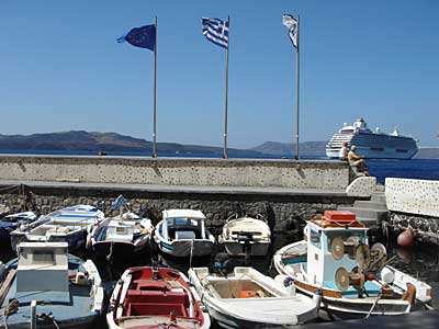 Flags, Fira harbour, Santorini, Greece, September 2004