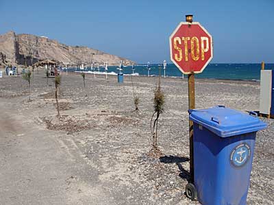 Stop sign, empty beach, Kanakari,  Santorini, Greece, September 2004