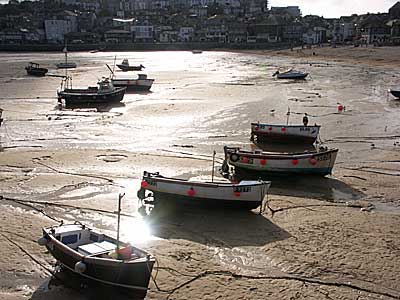 Boats at low tide, St Ives harbour, St Ives, Cornwall, April 2004