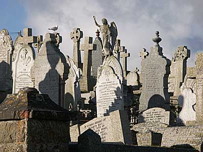 Monuments and shadows, Barnoon cemetery, Porthmeor Beach, St Ives, Cornwall, April 2004