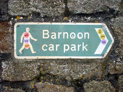 Barnoon sign and Tate Gallery visitor stickers, St Ives, Cornwall, August 2002