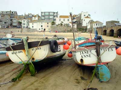 Boats and Smeaton's Pier, low tide, St Ives, Cornwall, August 2002
