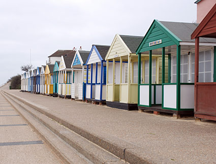 Southwold beach huts, photos of the brightly coloured beach hits on the beach at Southwold, Suffolk, East Anglia, England, UK