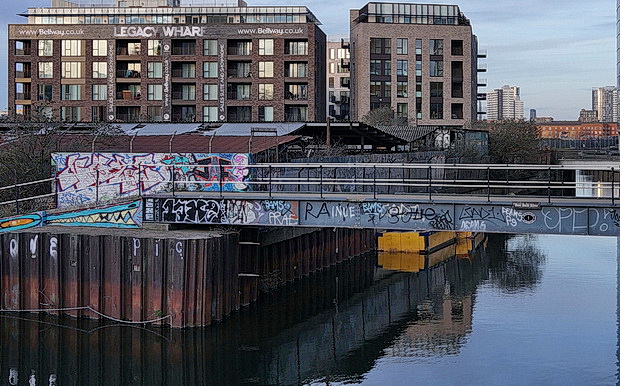 Bow to Hackney Wick canalside walk: barges, street art, buildings and twilight, Feb 2019