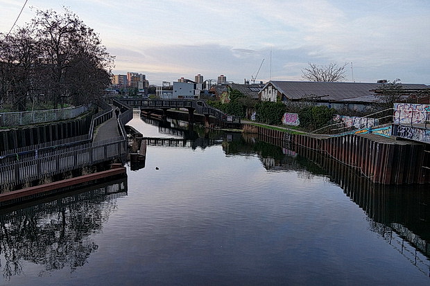 Bow to Hackney Wick canalside walk: barges, street art, buildings and twilight, Feb 2019