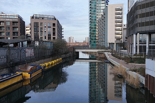 Bow to Hackney Wick canalside walk: barges, street art, buildings and twilight, Feb 2019