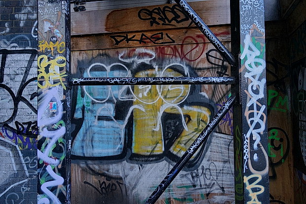 Bow to Hackney Wick canalside walk: barges, street art, buildings and twilight, Feb 2019