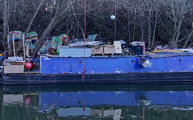 Bow to Hackney Wick canalside walk: barges, street art, buildings and twilight, Feb 2019