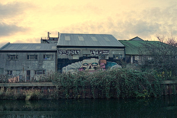 Bow to Hackney Wick canalside walk: barges, street art, buildings and twilight, Feb 2019