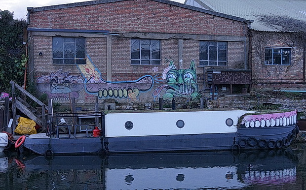 Bow to Hackney Wick canalside walk: barges, street art, buildings and twilight, Feb 2019