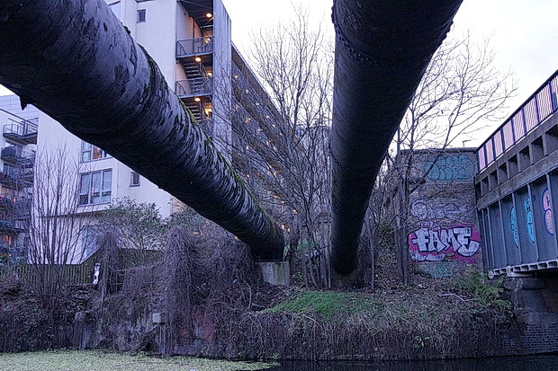 Bow to Hackney Wick canalside walk: barges, street art, buildings and twilight, Feb 2019