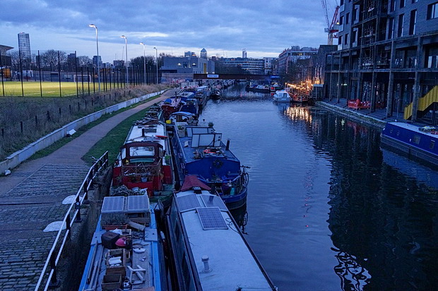 Bow to Hackney Wick canalside walk: barges, street art, buildings and twilight, Feb 2019