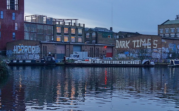 Bow to Hackney Wick canalside walk: barges, street art, buildings and twilight, Feb 2019