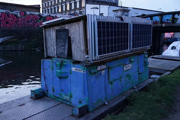 Bow to Hackney Wick canalside walk: barges, street art, buildings and twilight, Feb 2019