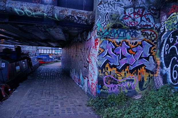 Bow to Hackney Wick canalside walk: barges, street art, buildings and twilight, Feb 2019