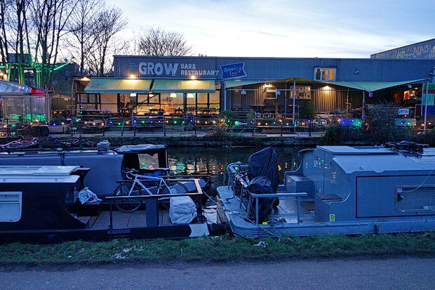 Bow to Hackney Wick canalside walk: barges, street art, buildings and twilight, Feb 2019